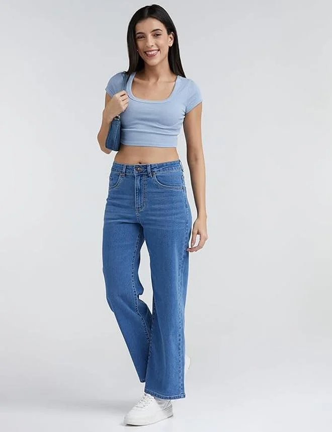 inkd جينز واسع الساق للنساء - ارتفاع عال | قابل للتمدد | غسل الإنزيم | تصميم كلاسيك 5 بوكيتيب | جينز للنساء